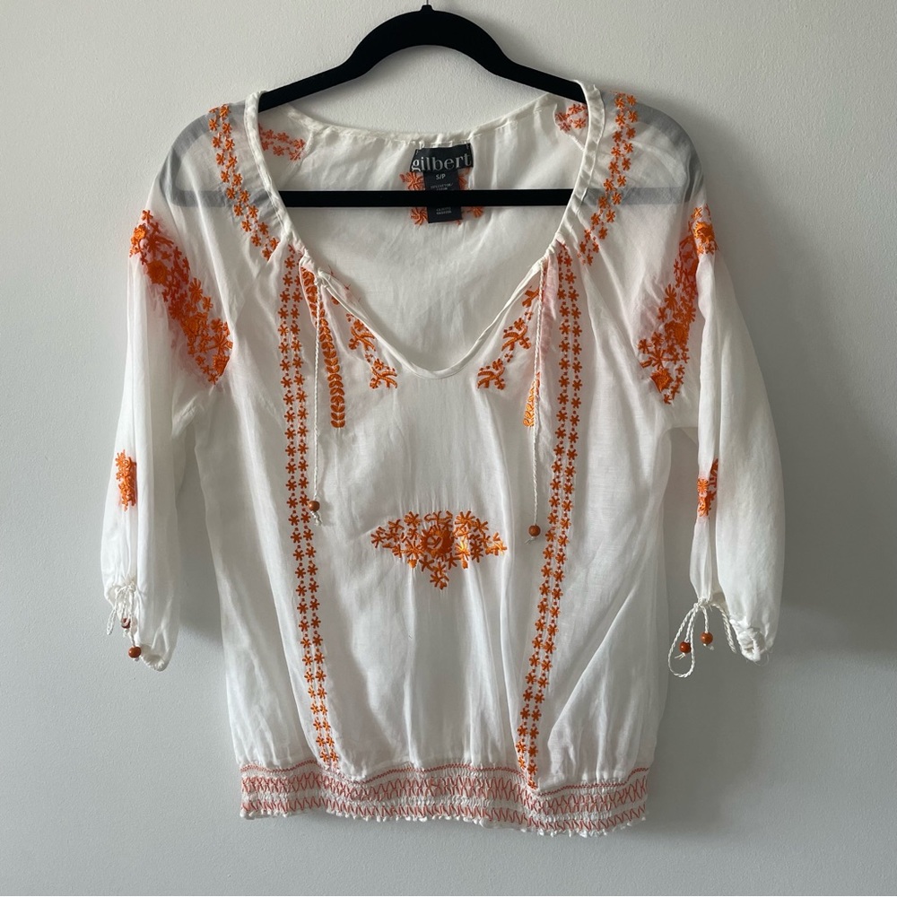 Gilbert white & orange embroidery 3/4 sleeve boho peasant shirt top size small